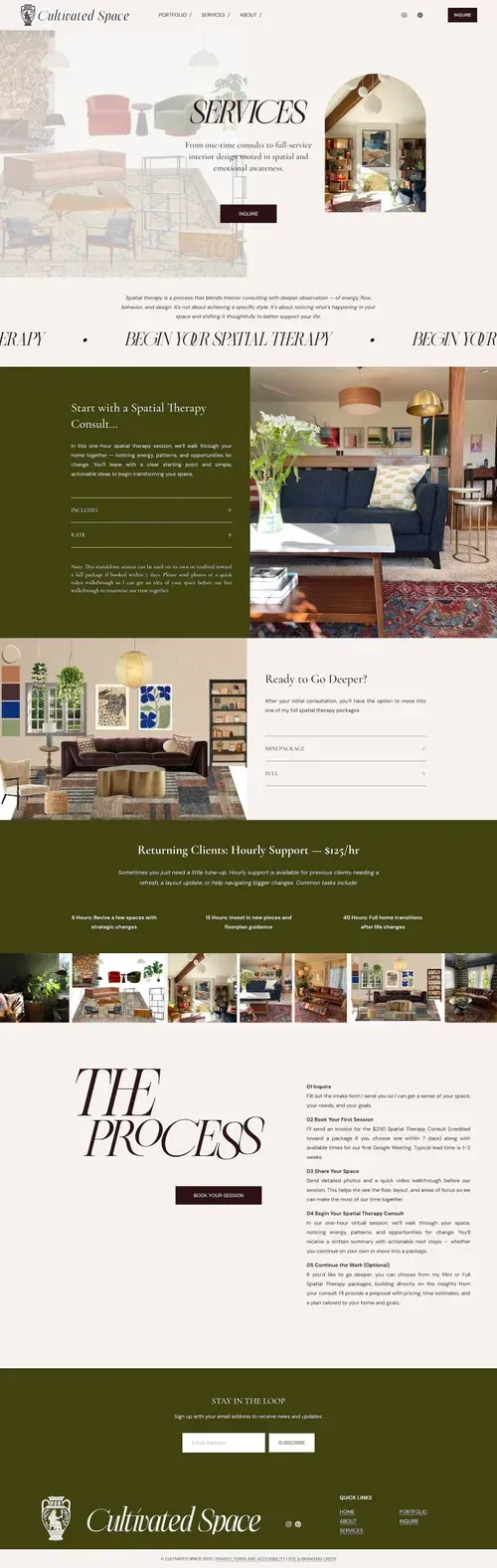 The homepage for Cultured Space interior design, featuring project galleries, service descriptions, and contact info.