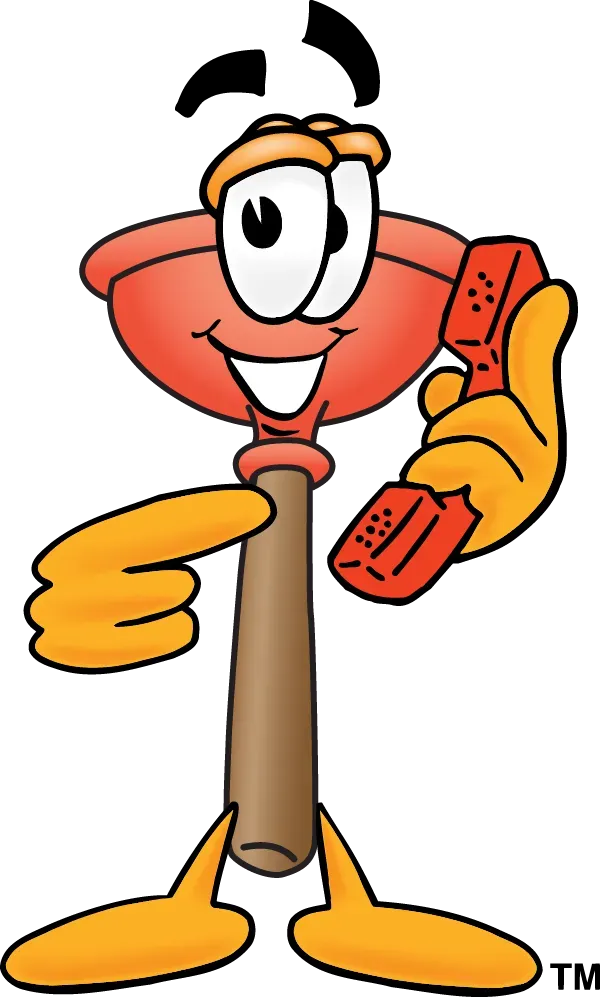 Cartoon plunger character holding a phone, pointing, and smiling.