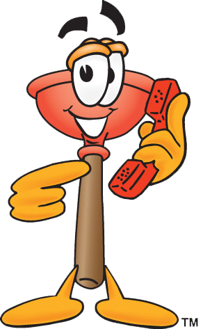 Cartoon plunger character with one raised finger, orange body, and brown handle.