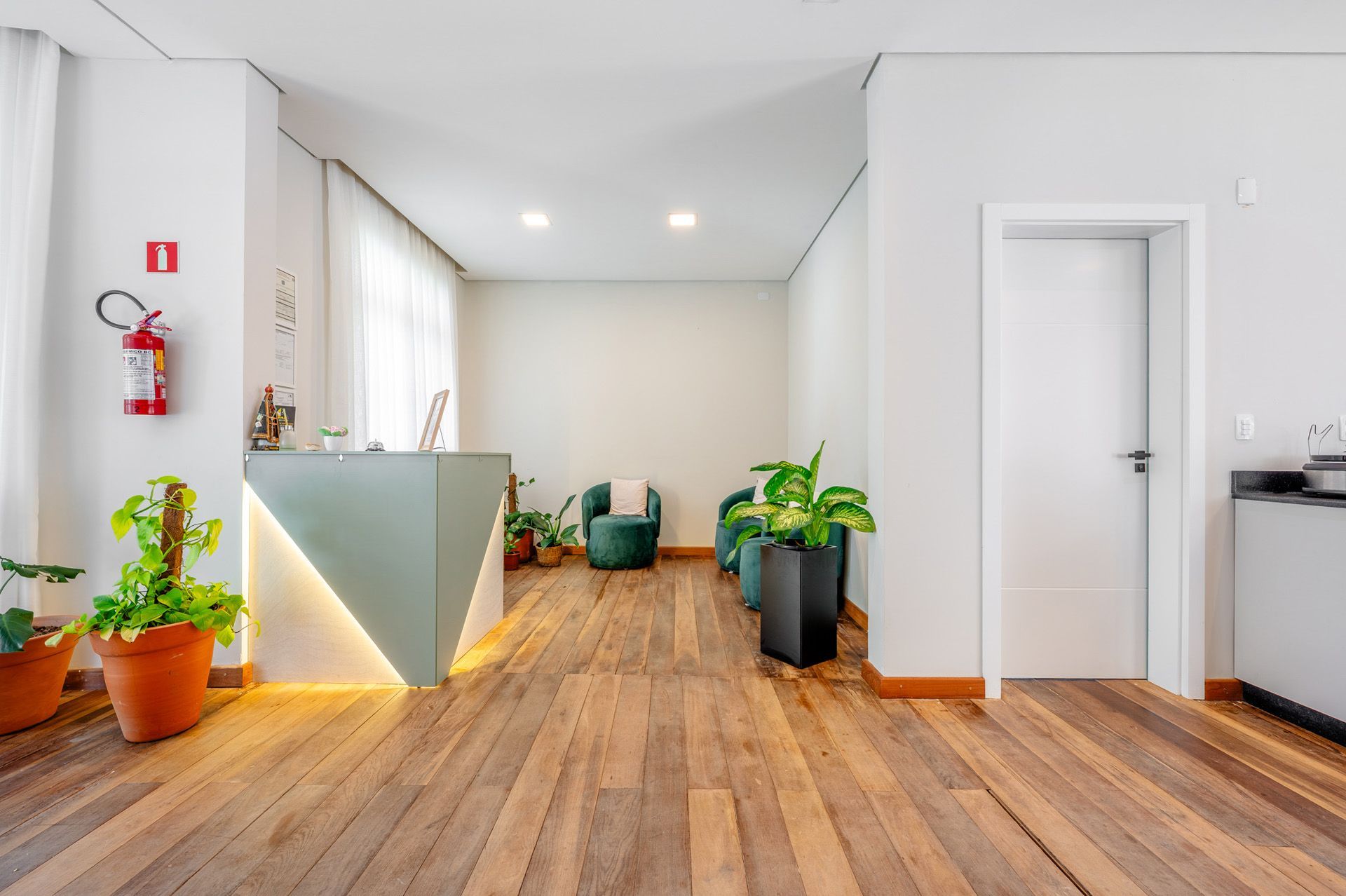 Área de recepção com piso de madeira, balcão verde-claro e vasos de plantas.