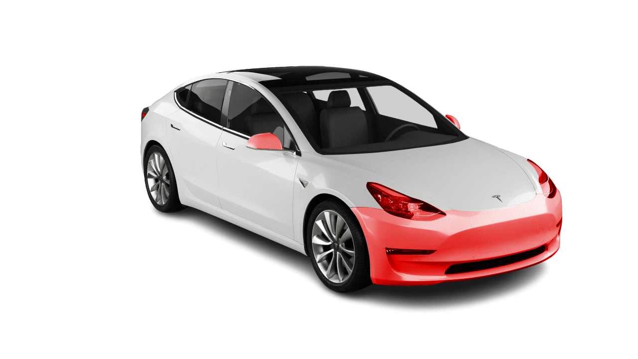 A white tesla model 3 with a red outline on the front bumper.