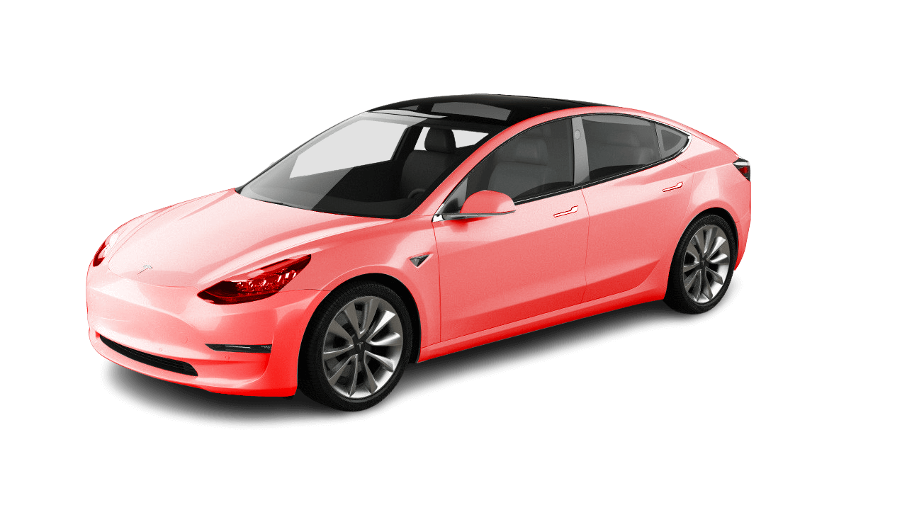 A pink tesla model 3 is shown on a white background.