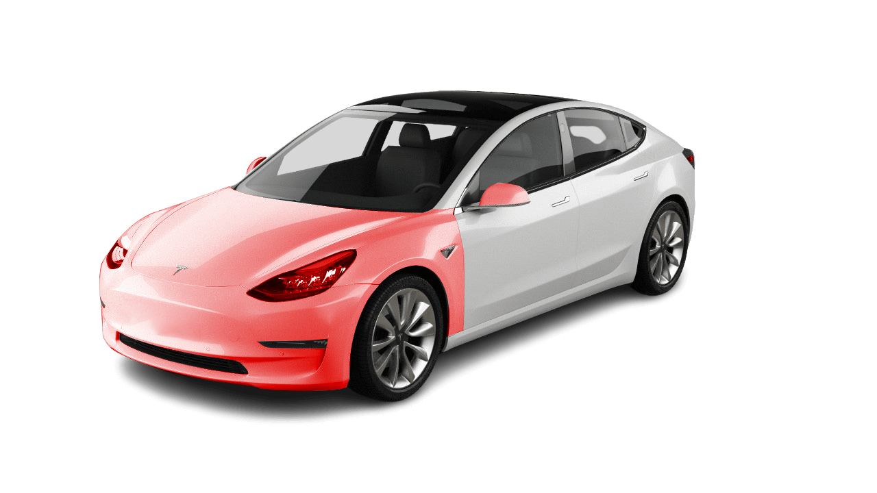 A white tesla model 3 with a red stripe on the front fender.