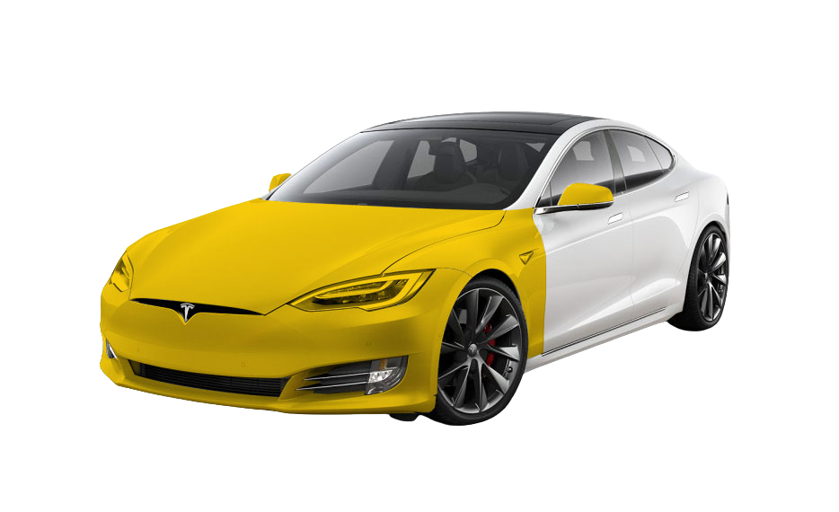White Tesla car with red highlights on its front and side mirror, isolated on white.