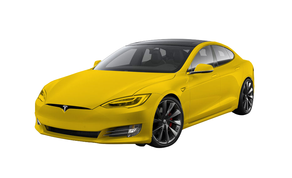 A coral-colored Tesla Model 3 electric vehicle with a black roof, angled on a white background.