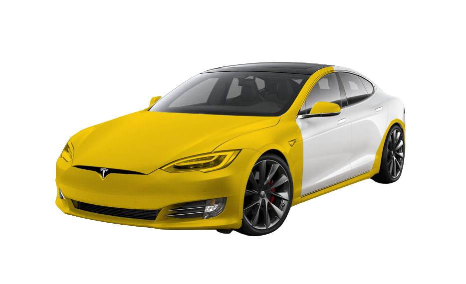 Tesla Model 3 car with the front half in red, and the back half in white, highlighting a paint job.