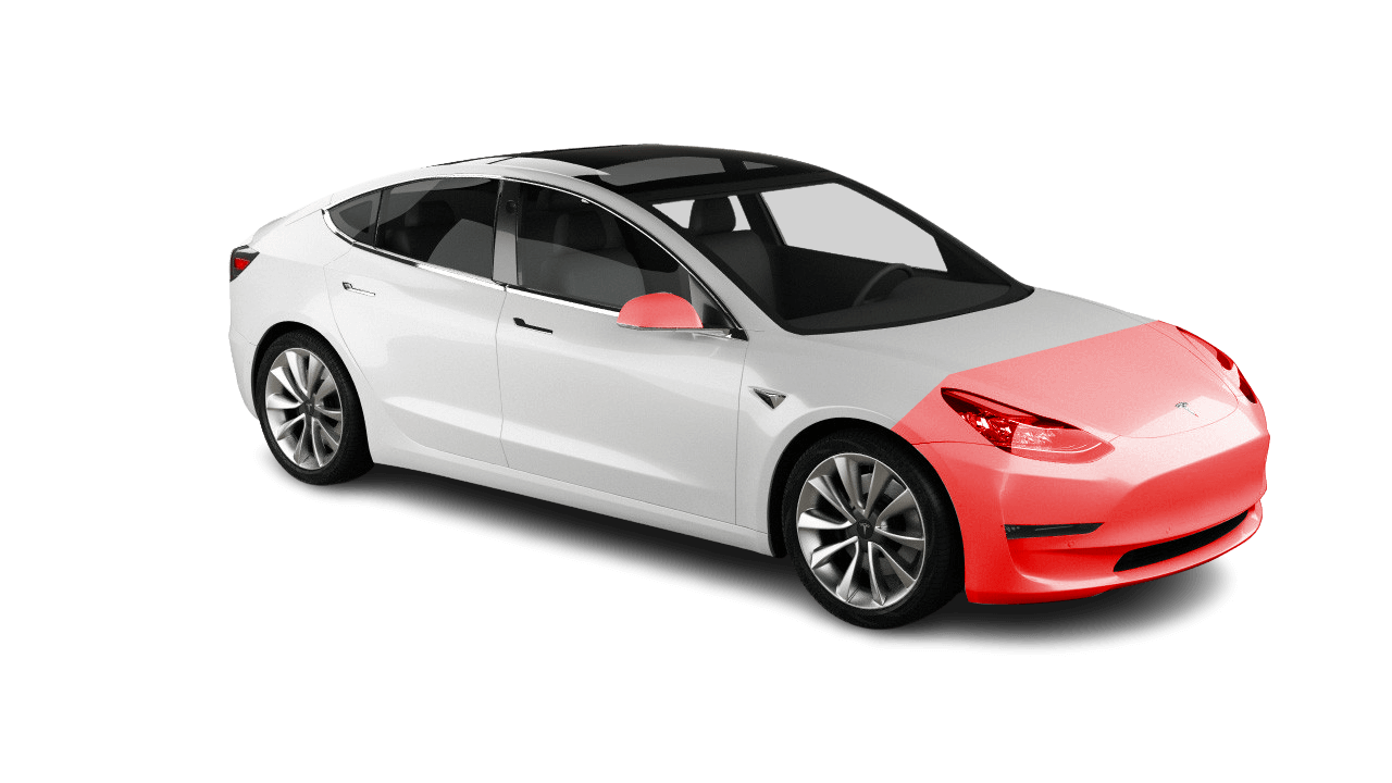 A white tesla model 3 with a red outline of the front bumper.