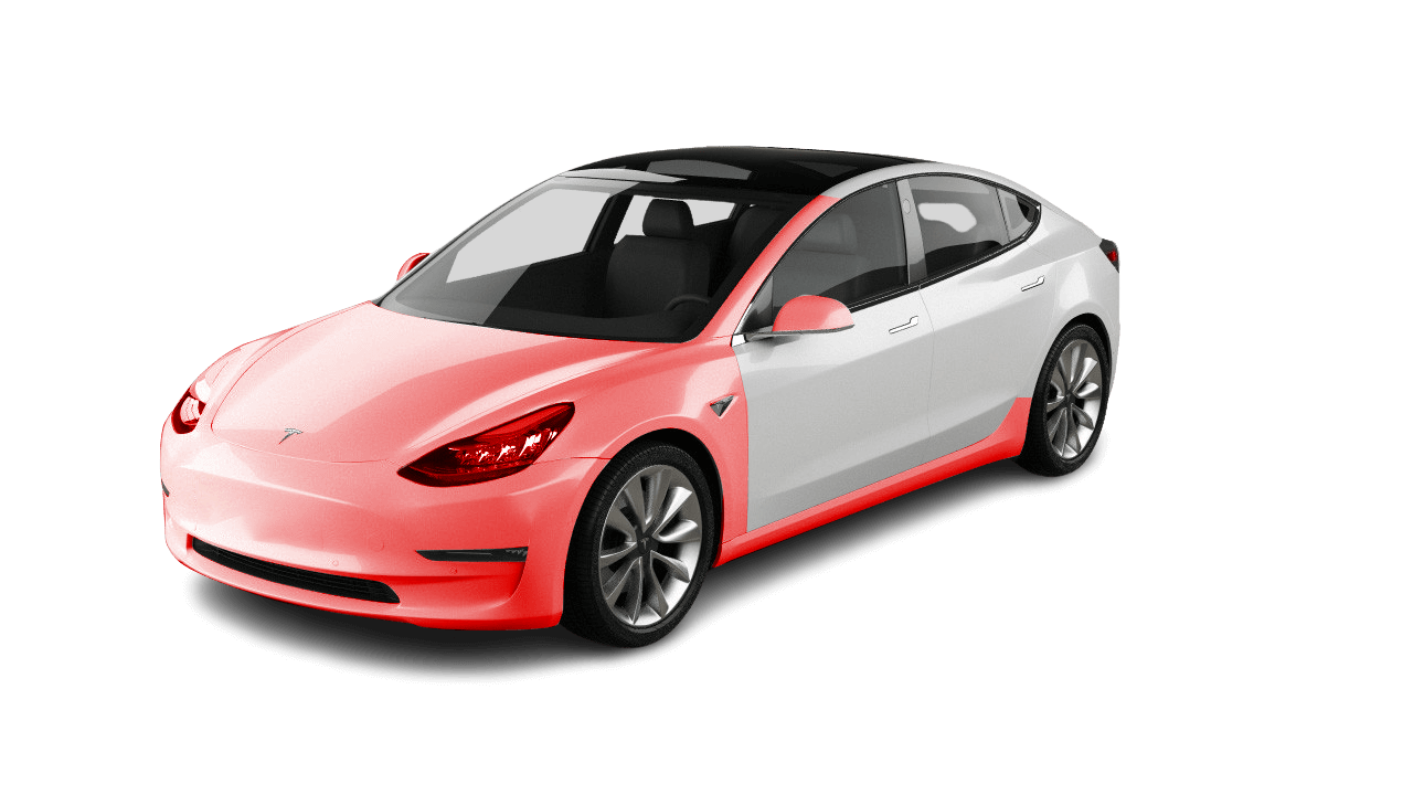 A tesla model 3 with a red and white paint job on a white background.