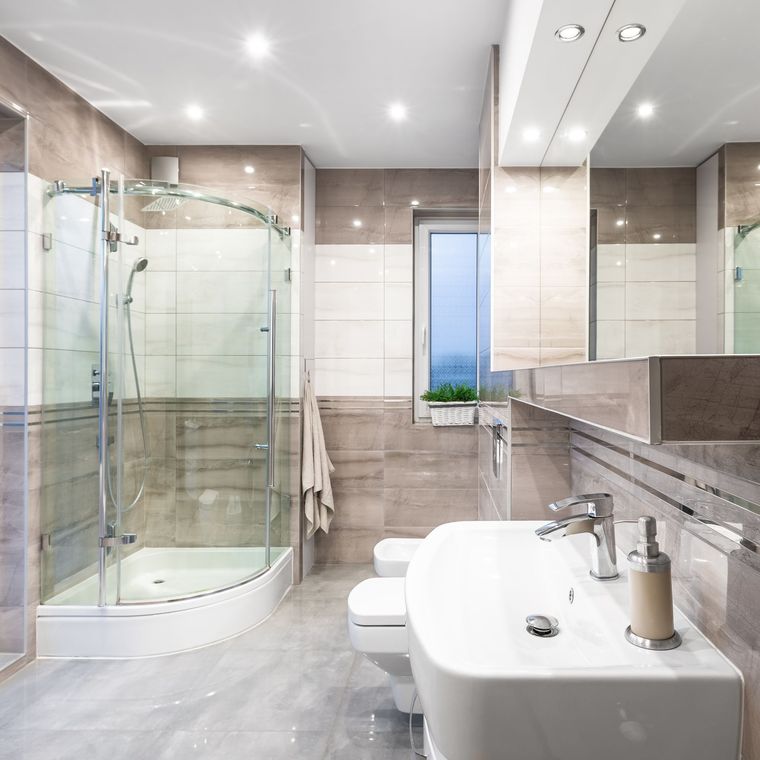 spacious highgloss beige bathroom shower mirror