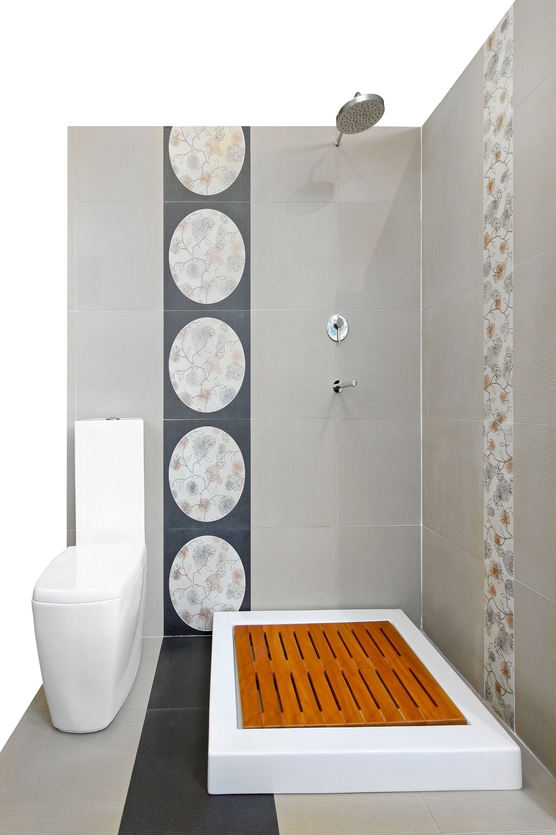 A modern white bathroom with a freestanding tub, glass shower, and a gray countertop. Windows provide natural light.