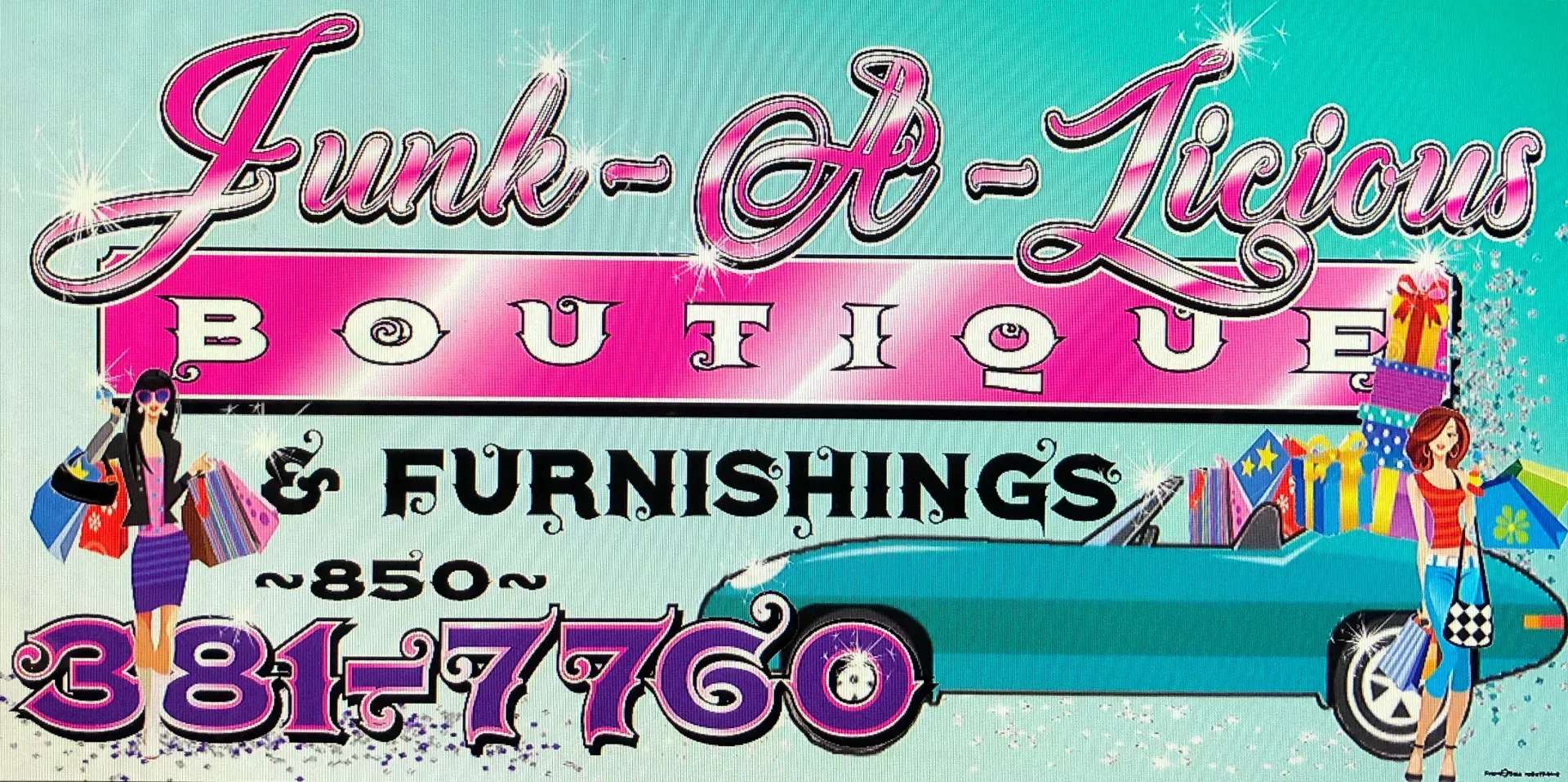 A sign for junk-o-licious boutique and furnishings