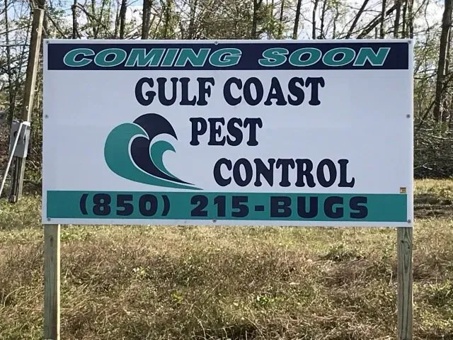 A sign that says coming soon gulf coast pest control