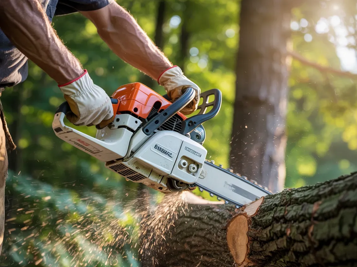 Man cutting a tree trunk with a chainsaw outdoors, wearing gloves. Sparks and sawdust fly.