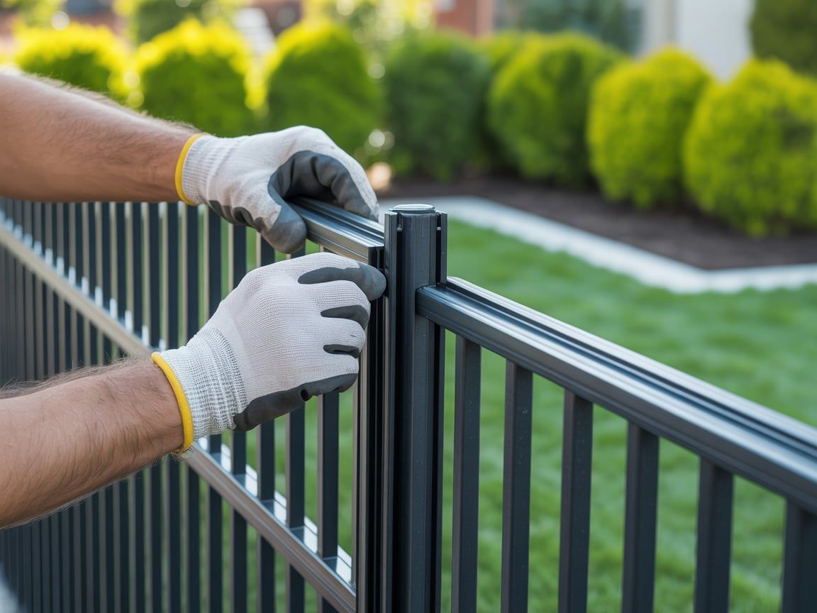 Hands in gloves installing a black metal fence outdoors, in front of a green hedge.