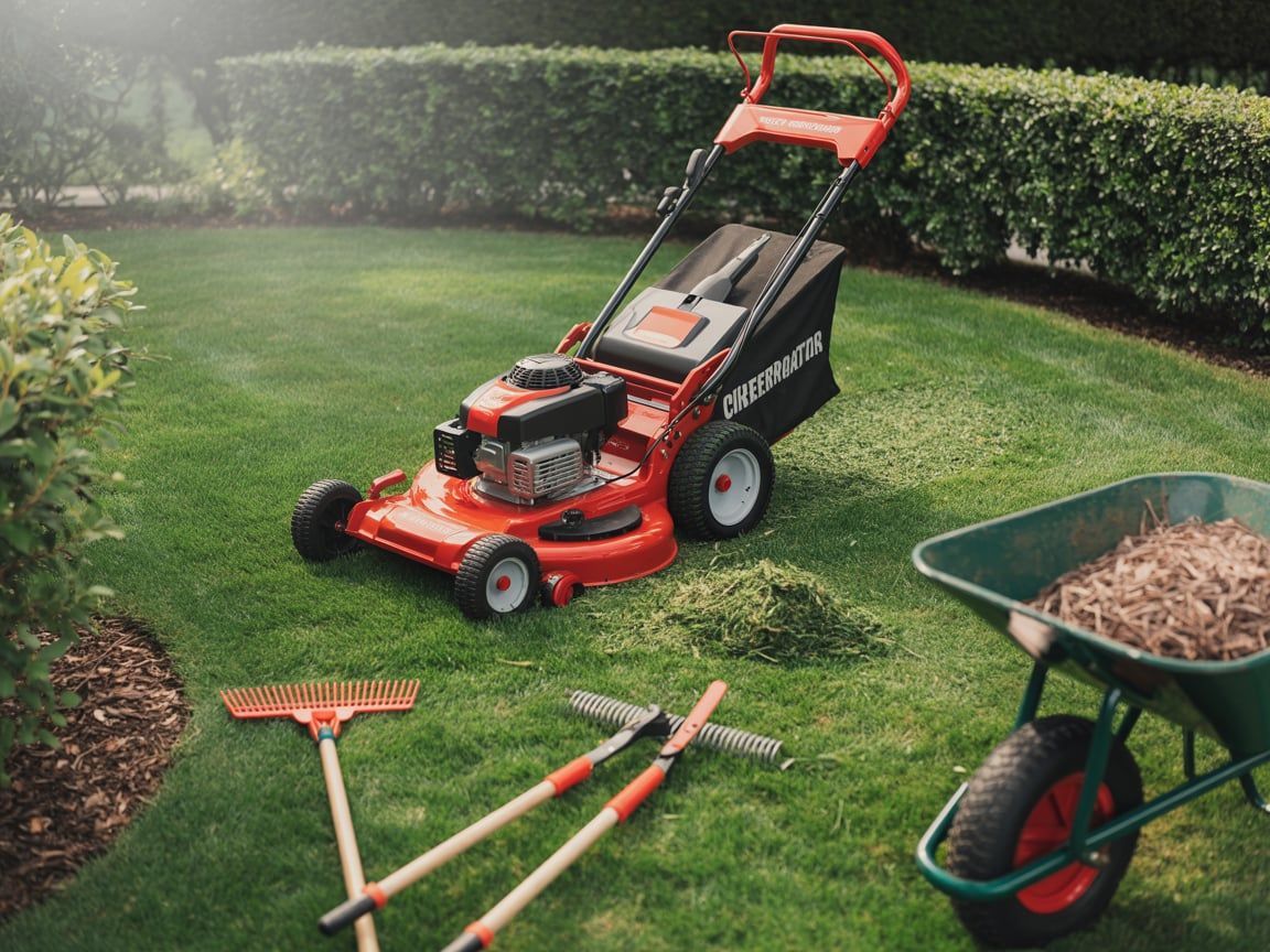 Lawnmower cutting grass, with rake, shears, and wheelbarrow in a yard.