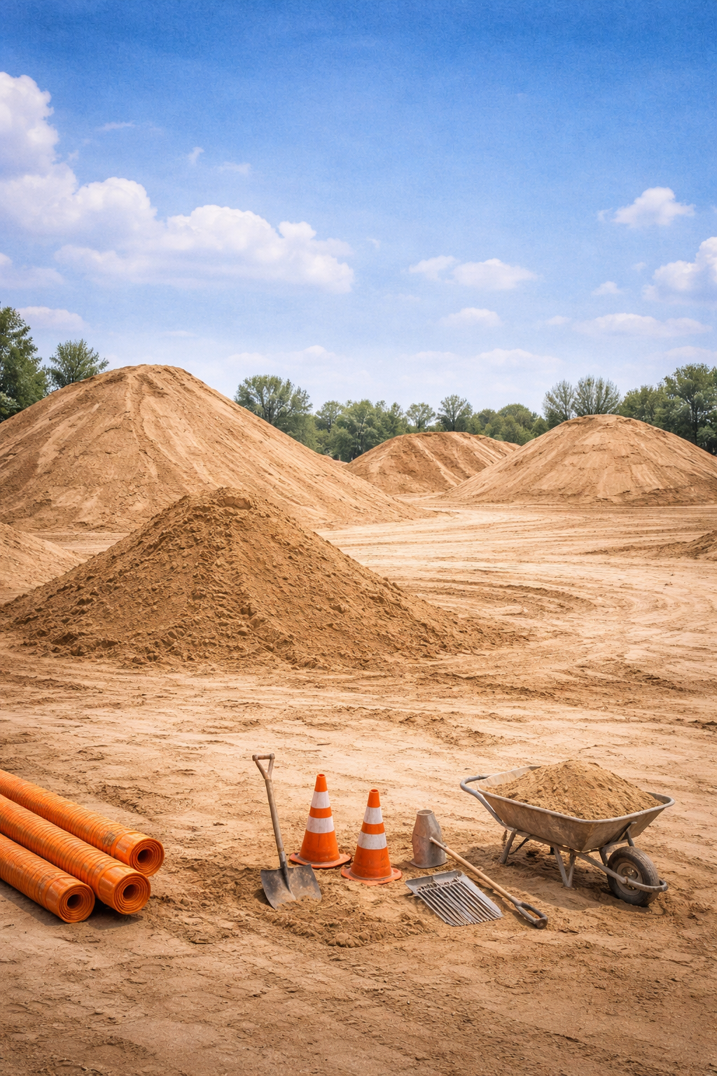 Construction site with piles of sand, orange drainage pipes, two traffic cones, a shovel, and a full wheelbarrow.