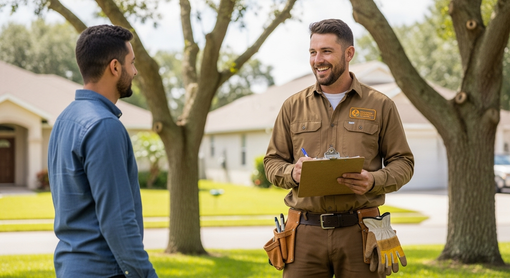 A professional in a brown uniform with a clipboard talks to a client outdoors in a residential neighborhood.