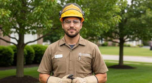 A worker in a brown uniform, hard hat, and safety glasses stands outside in a suburban setting.