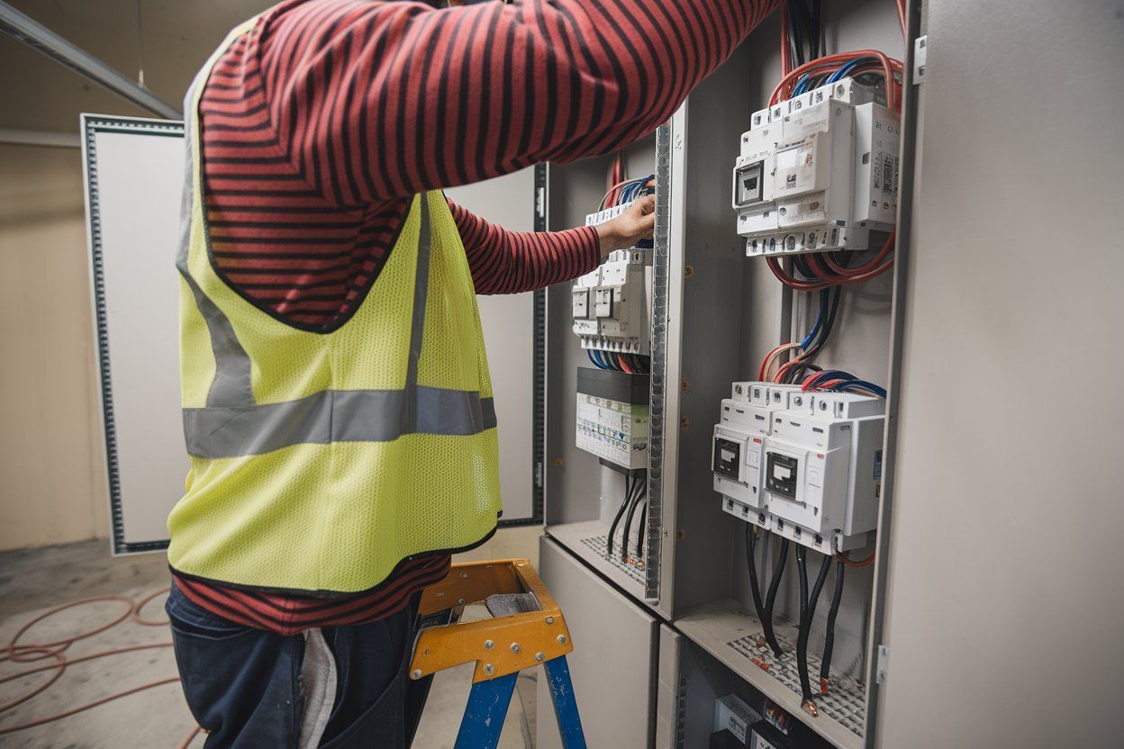 A man in a yellow vest is working on an electrical box.