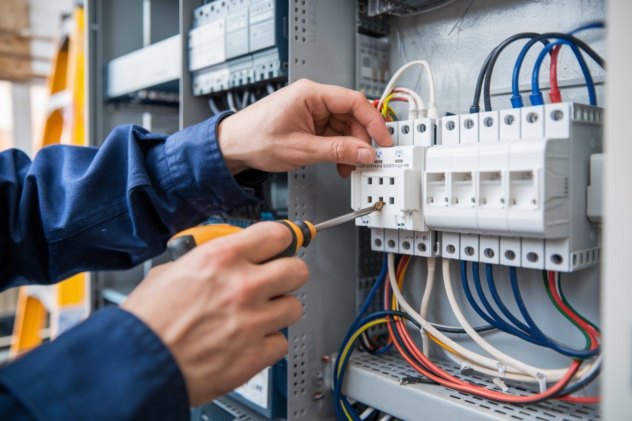An electrician is working on an electrical box with a screwdriver.