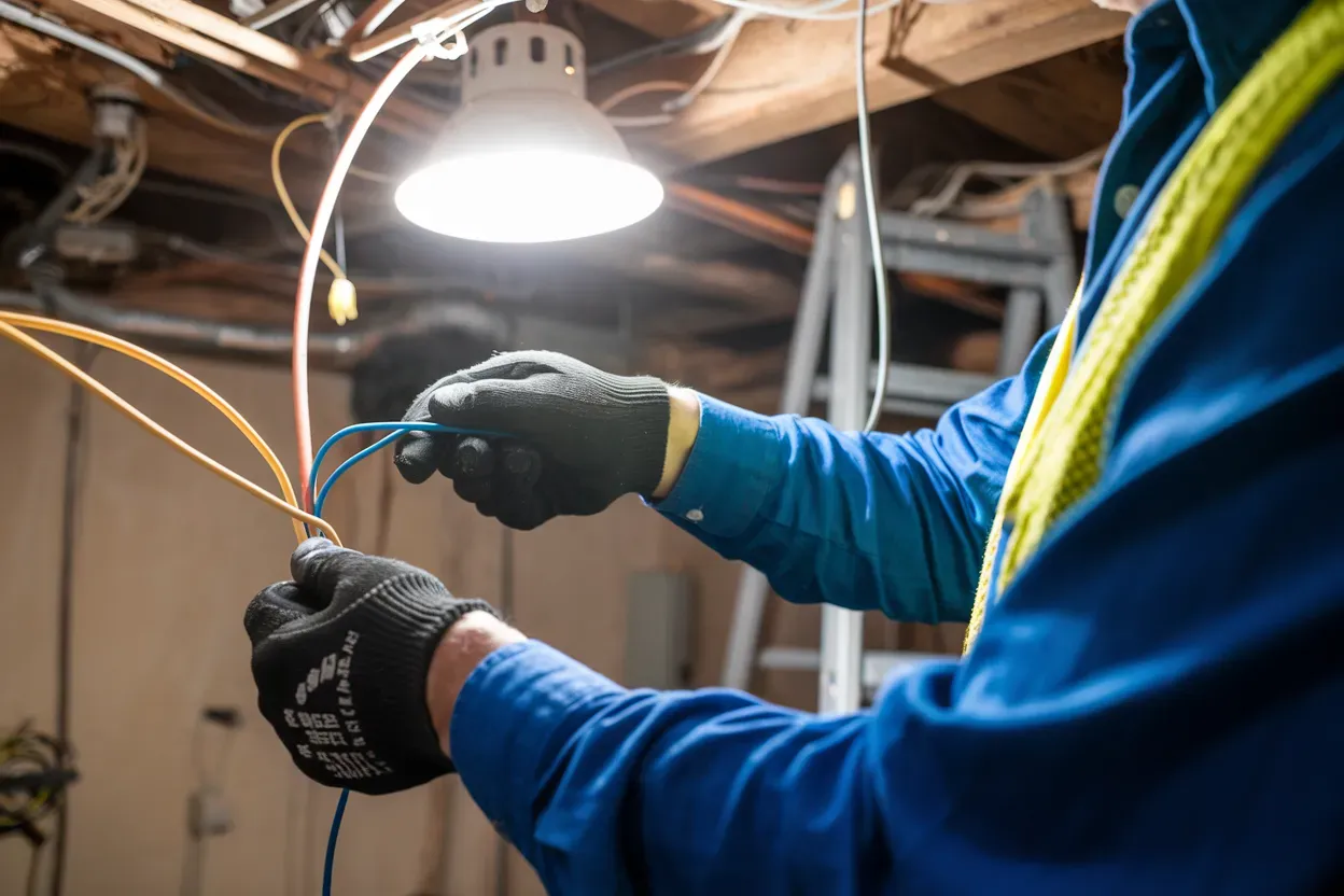 A man is working on electrical wires in a basement under a light.