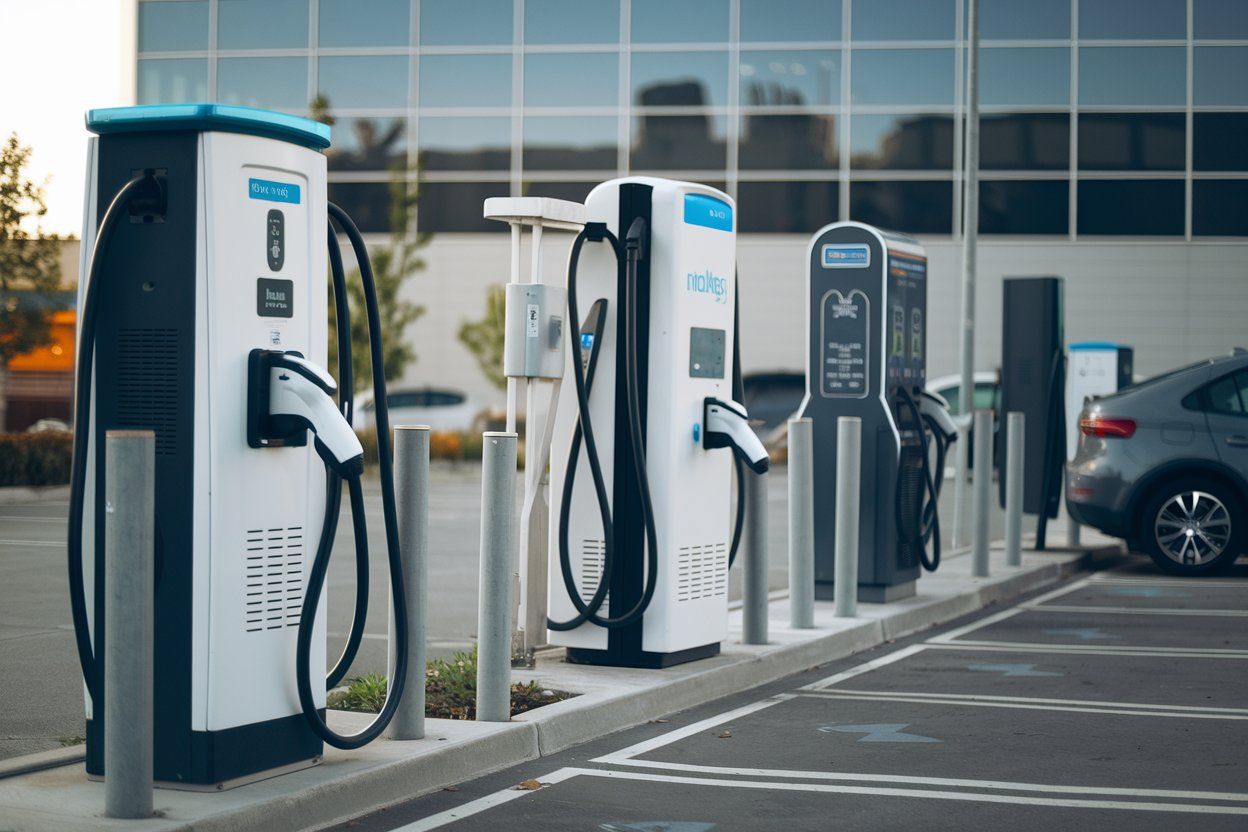 A row of electric car charging stations in a parking lot.