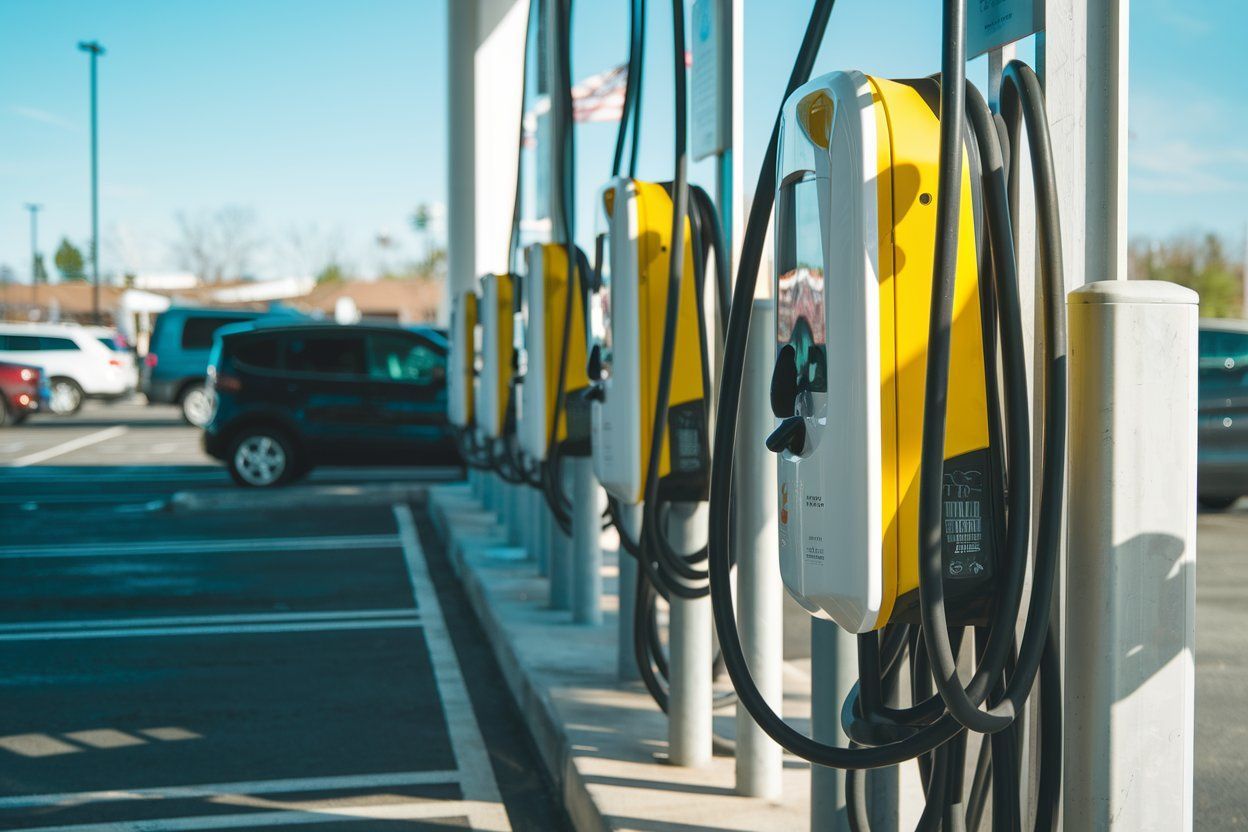 A row of electric car charging stations in a parking lot.