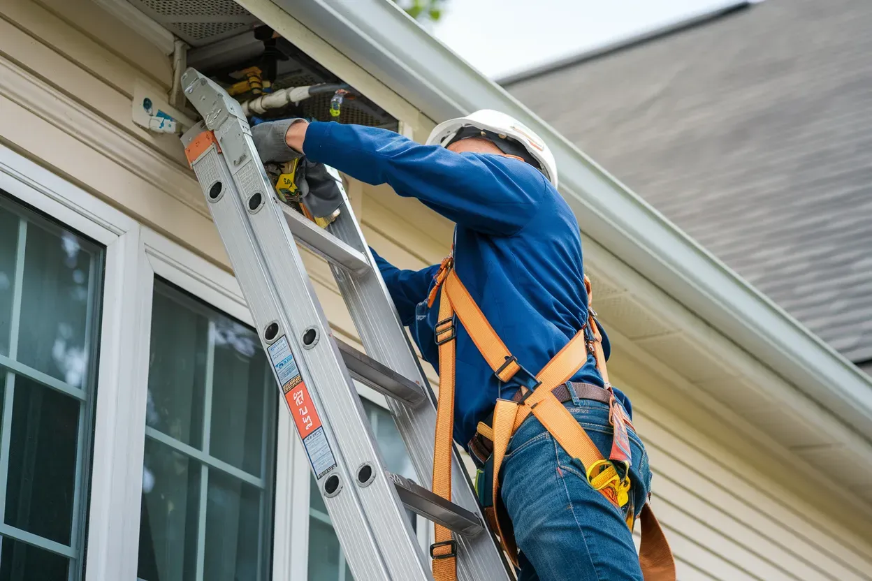 A man is standing on a ladder working on a house.