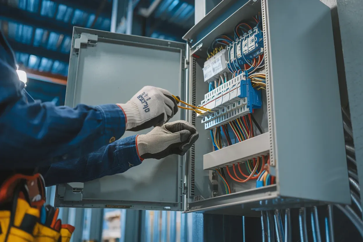 A man is working on an electrical box in a factory.