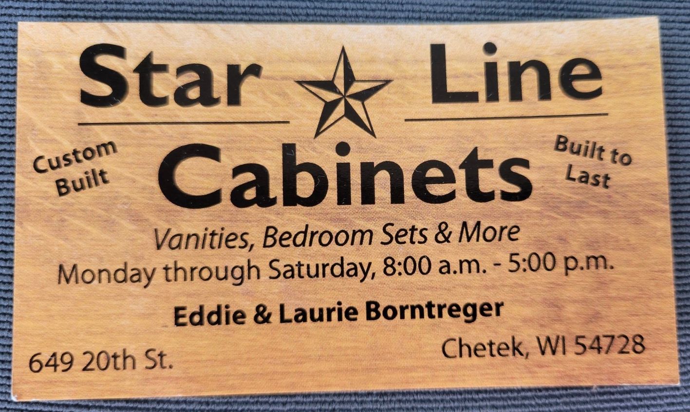 Wooden sign for Star Line Cabinets. Includes their name, services offered, hours, and contact information.
