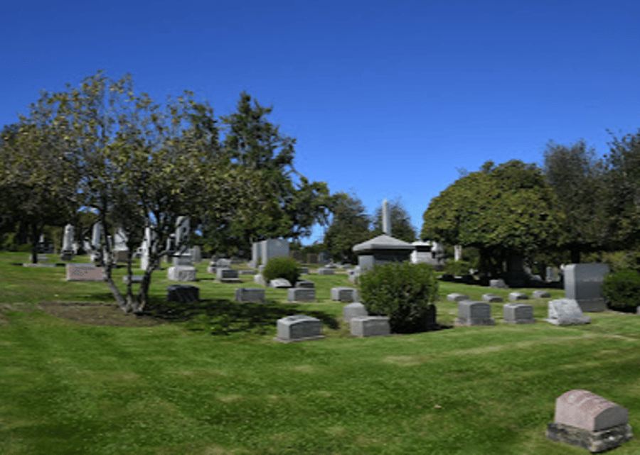 A cemetery filled with lots of graves and trees on a sunny day.