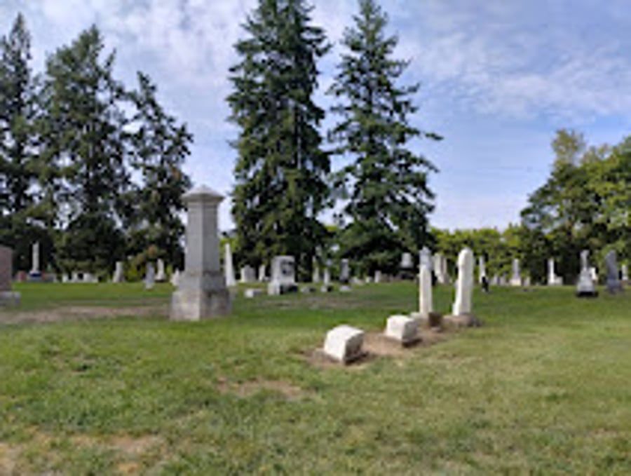 A cemetery with a lot of graves and trees in the background.