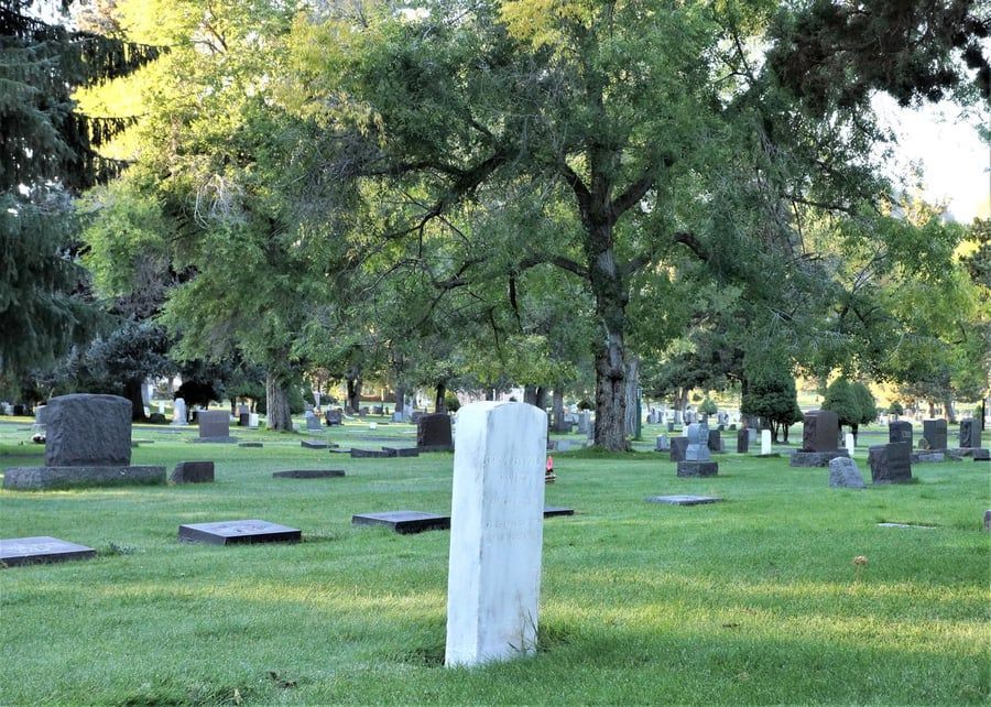 A cemetery with lots of graves and trees in the background.