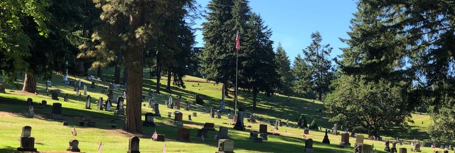 A cemetery filled with graves and trees on a hill.