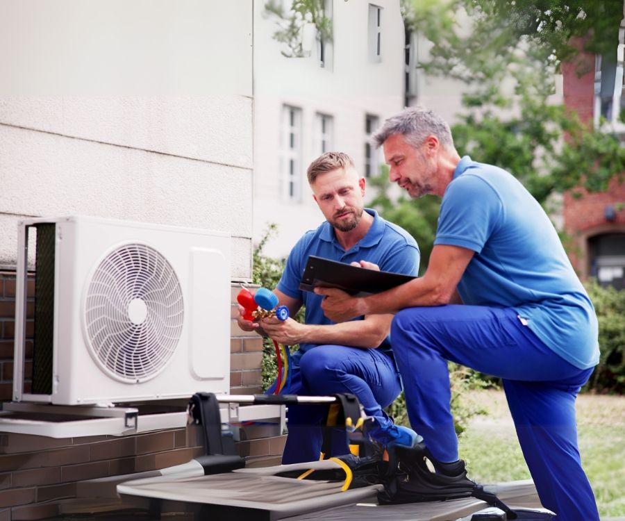 Two men are working on an air conditioner outside of a building.