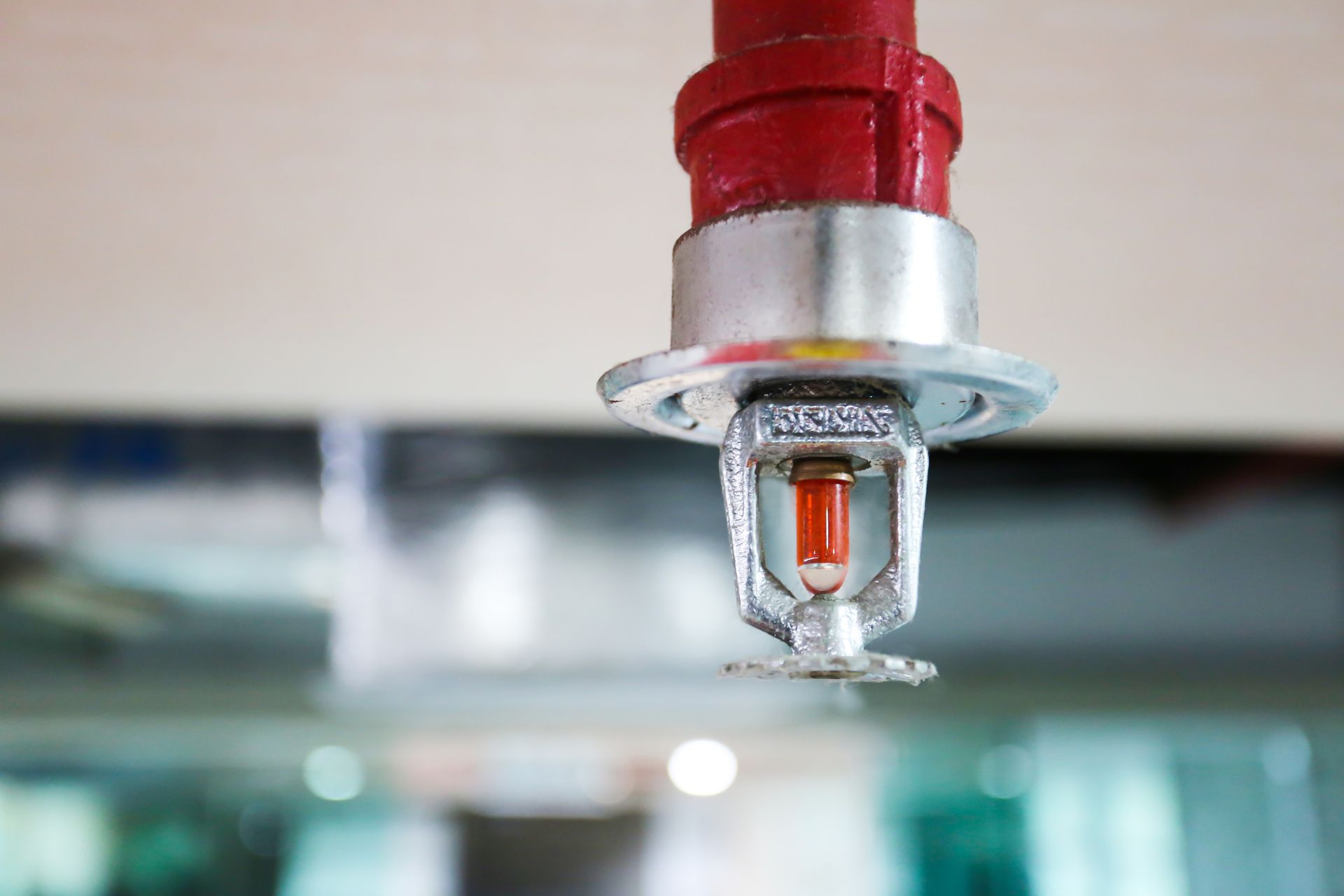 Close-up of a red fire sprinkler on a ceiling.