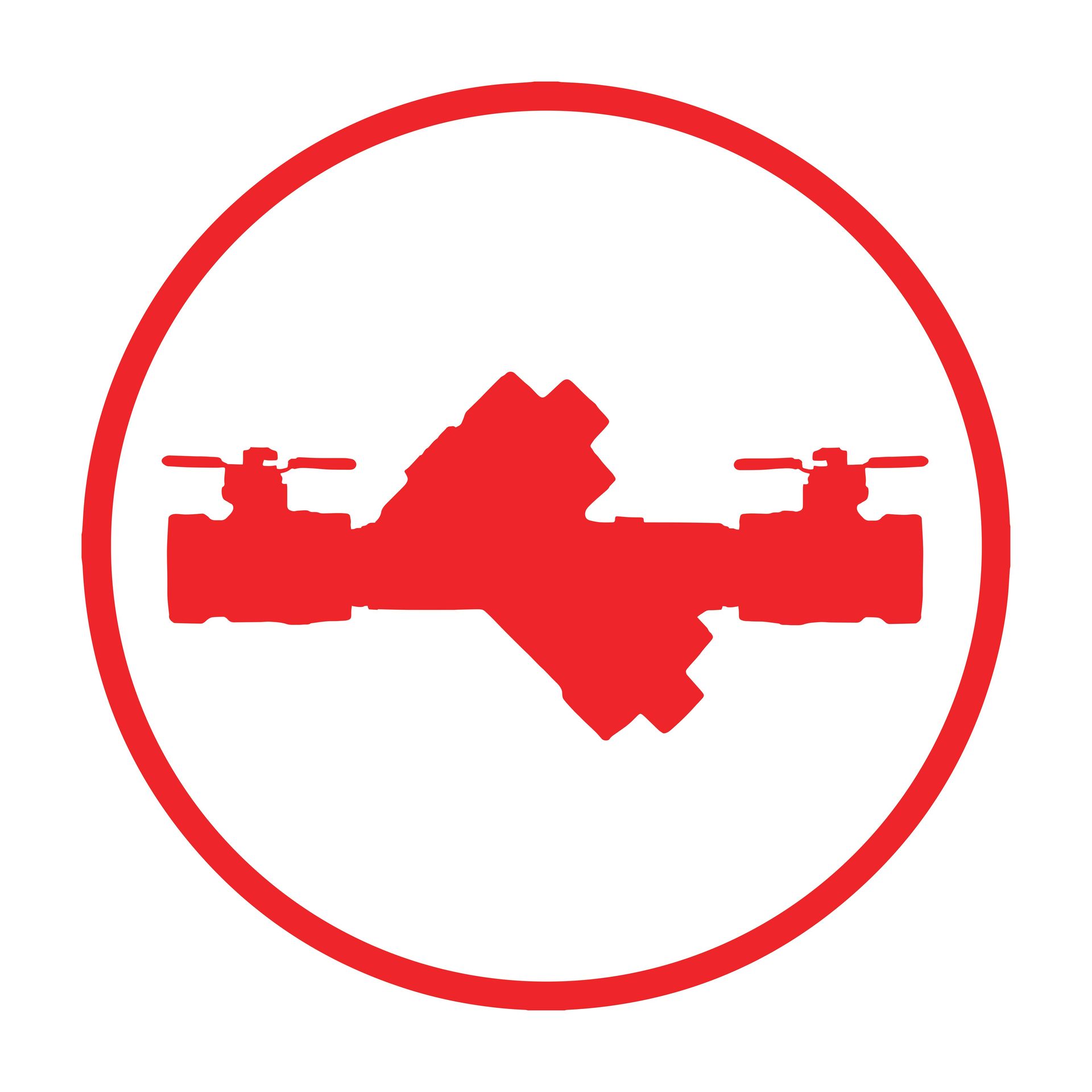 A red circle with two valves in it on a white background.