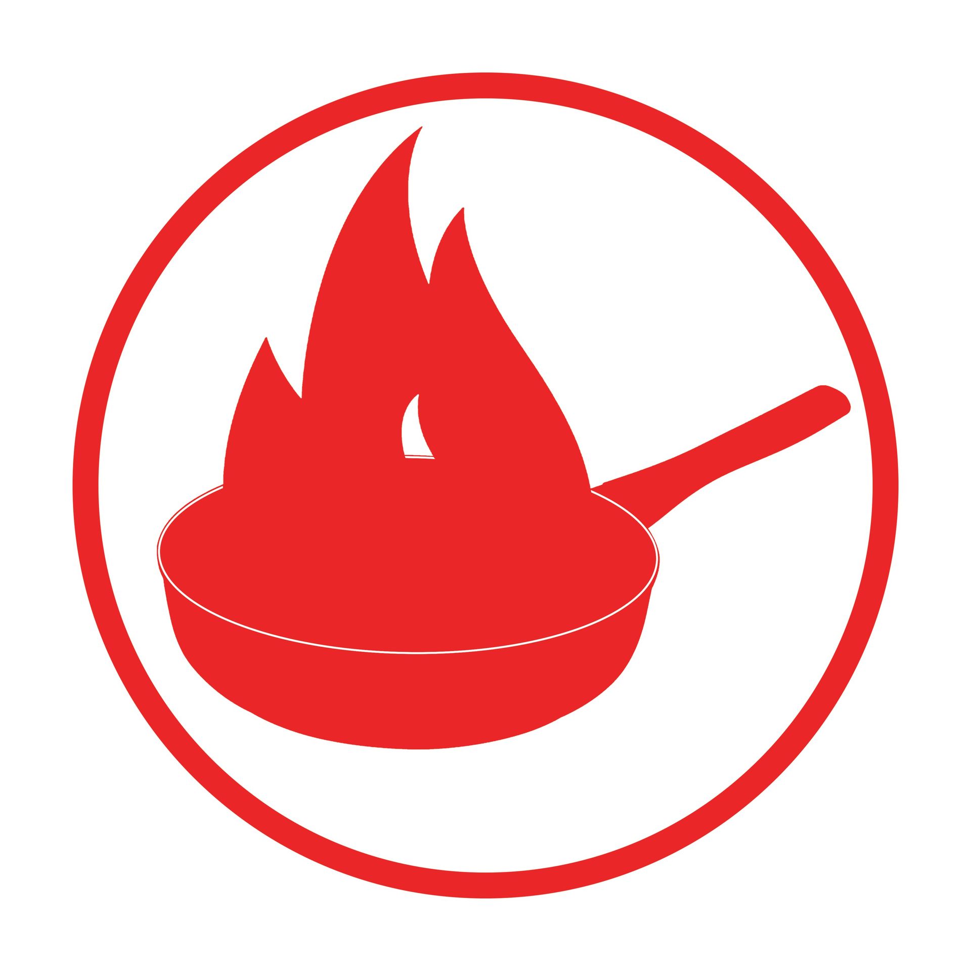 A frying pan with a fire coming out of it in a red circle.
