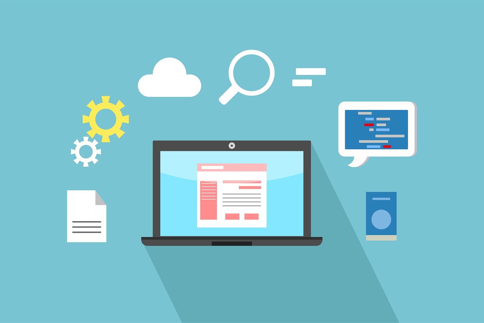 Laptop displaying a website with icons of cloud, magnifying glass, gears, and code; on a blue background.