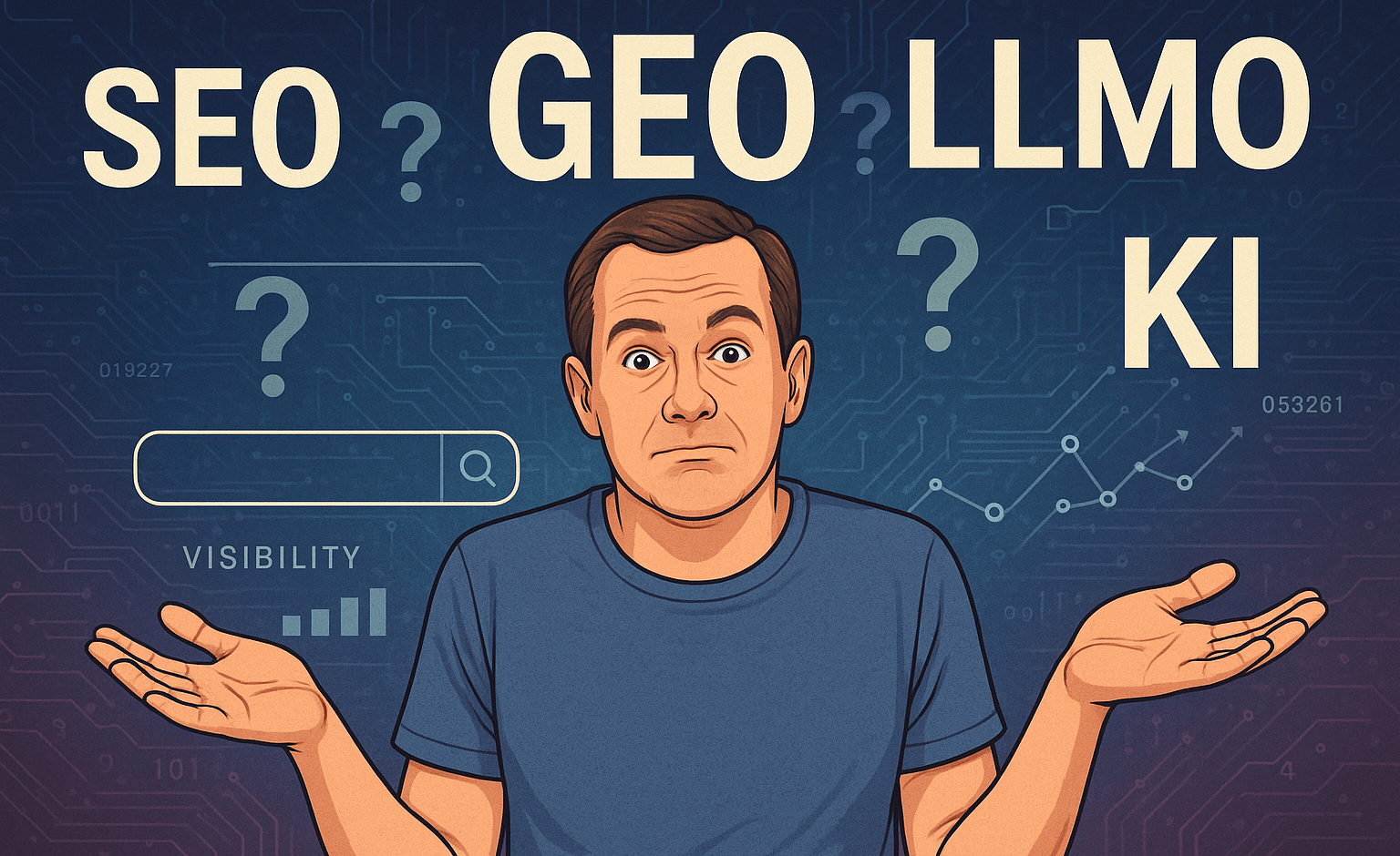 Ein Mann zuckt ratlos mit den Schultern, verwirrt von den Akronymen SEO, GEO, LLMO und KI, vor einem technischen Hintergrund mit Suchleiste und Diagrammen.