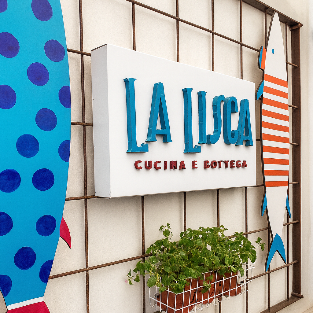 Uomini che preparano il pesce al bancone. Alcuni indossano grembiuli. Un uomo anziano è in piedi sulla destra. Interno rustico.