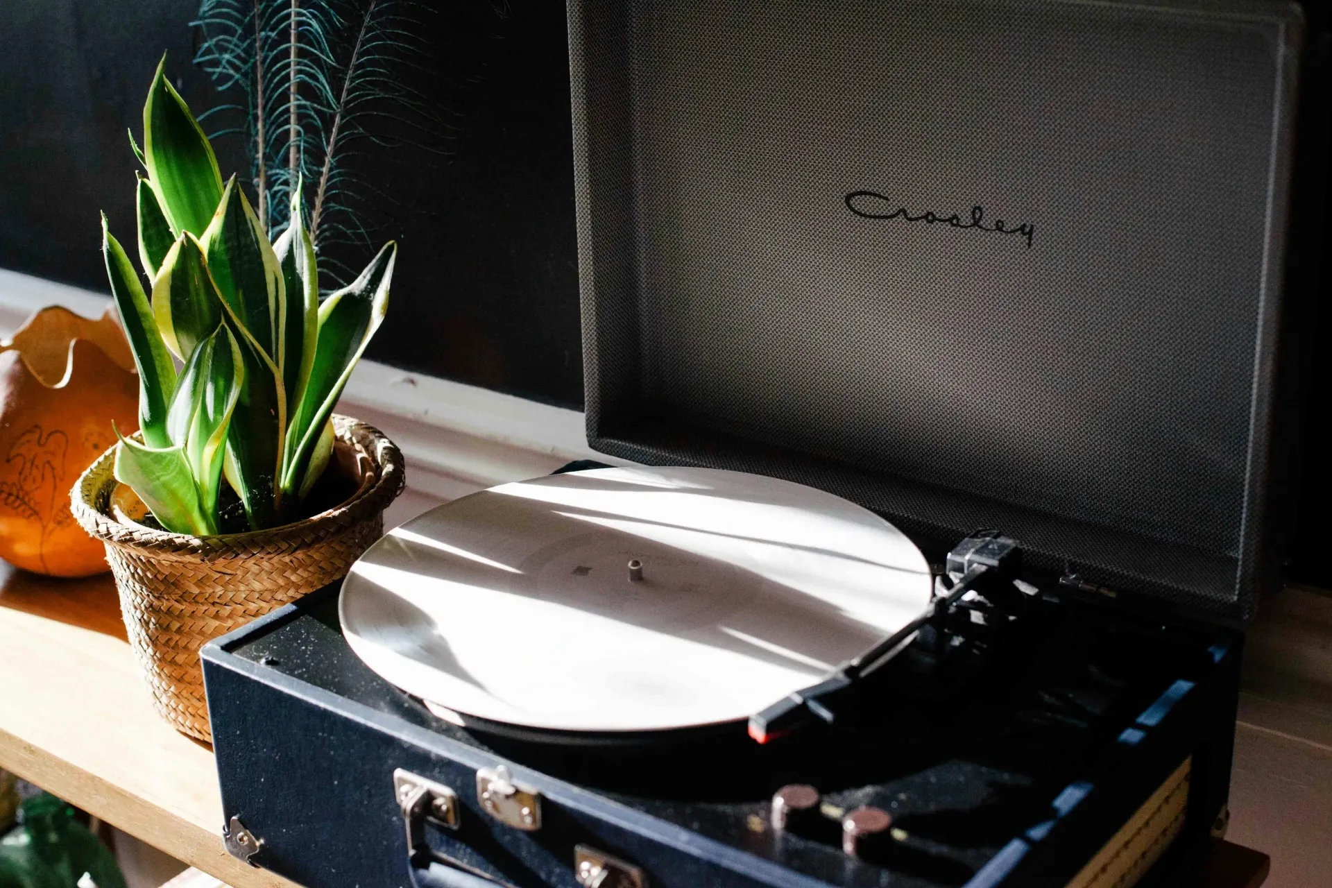 Vintage record player with a snake plant and decorative gourd.