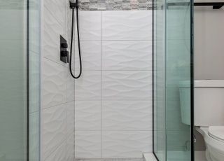 A bathroom with a walk in shower and a toilet.