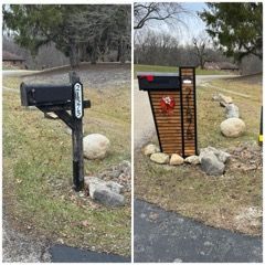 A before and after picture of a mailbox in a yard.