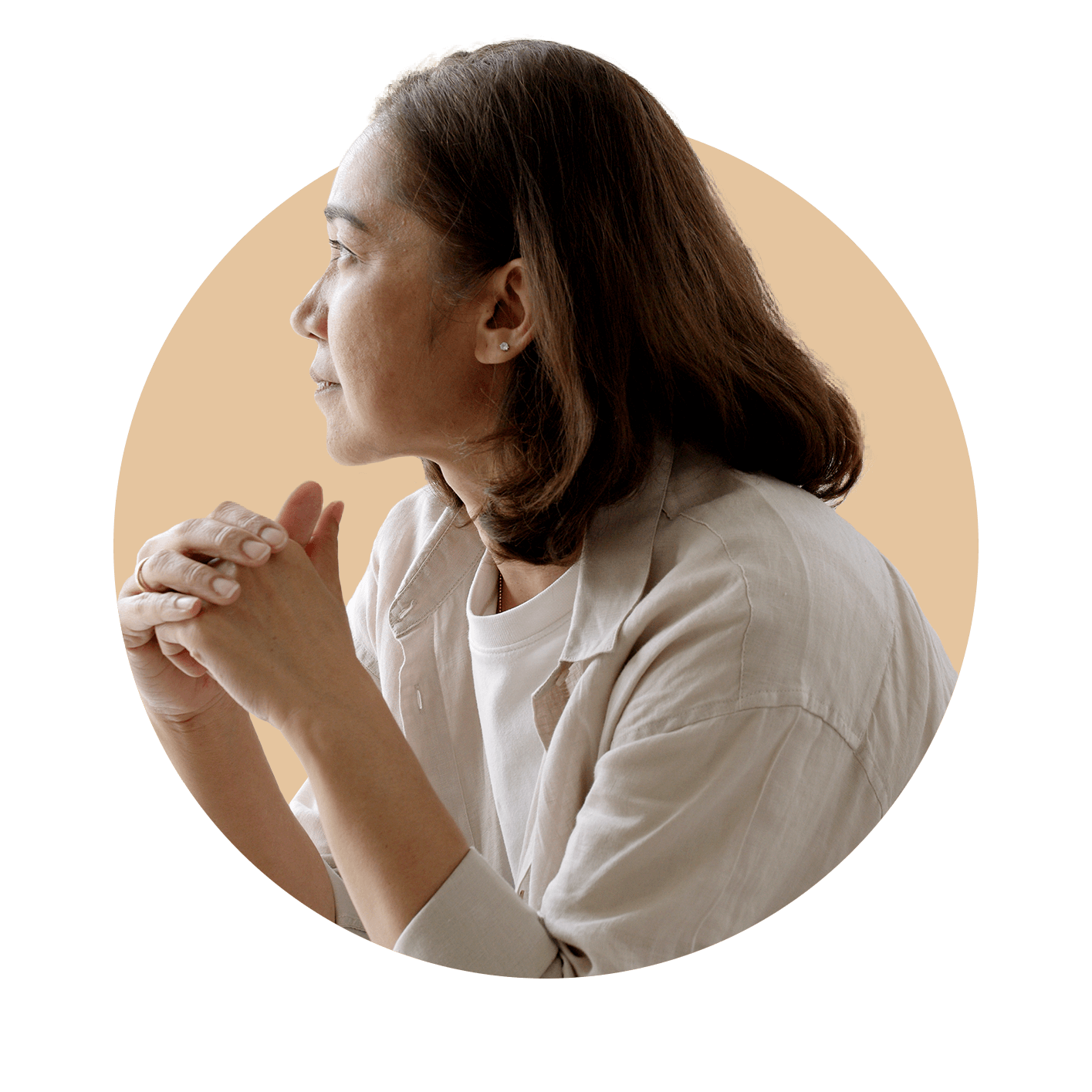 Middle-aged woman looking away at camera in reflection