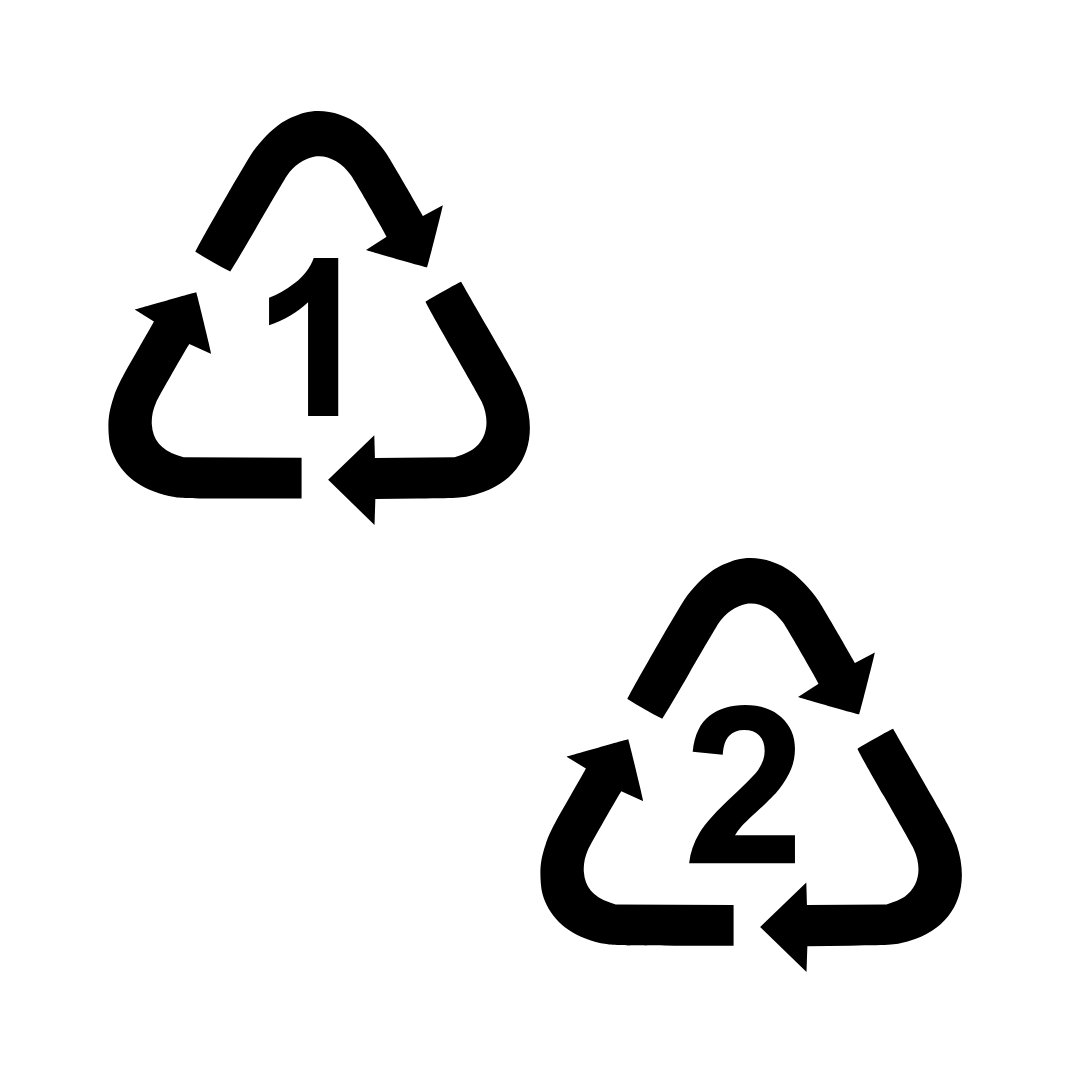 Two recycling symbols with arrows and the number 1 and 2 on a white background.