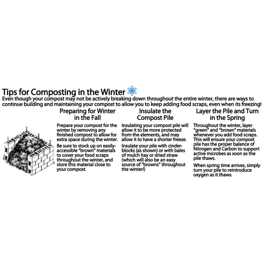 A graphic showing tips for composting in the winter.