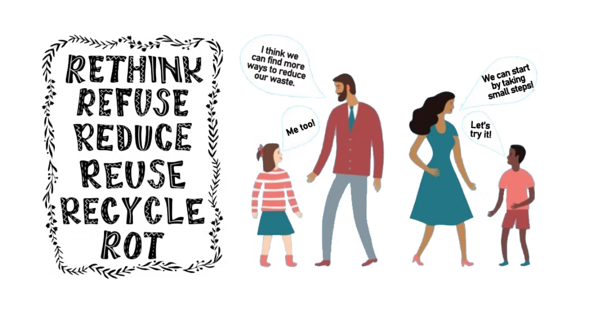 A family is standing in front of a sign that says rethink refuse reduce reuse recycle rot