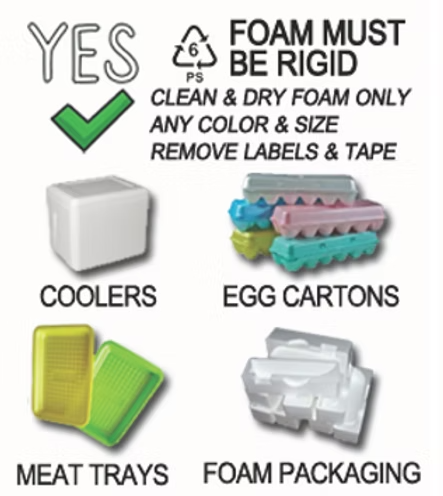 Foam must be rigid clean and dry foam only any color & size remove labels & tape meat trays egg cartons foam packaging