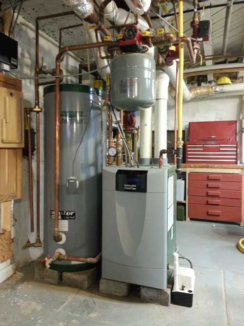 A room with two water heaters and a boiler